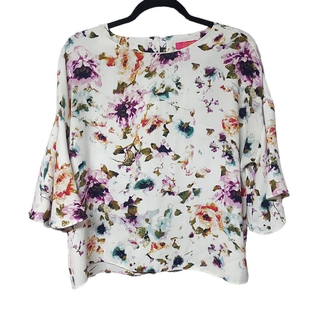 Catherine Malandrino watercolor floral artsy career blouse top for office pink M